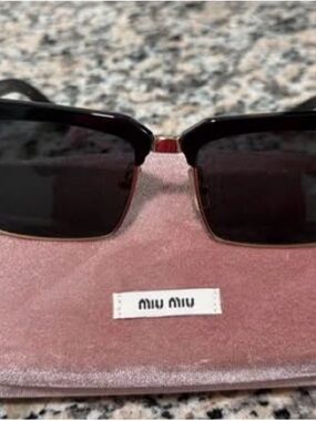 Miu Miu Black Rectangular Lens Sunglasses with Gold Accents